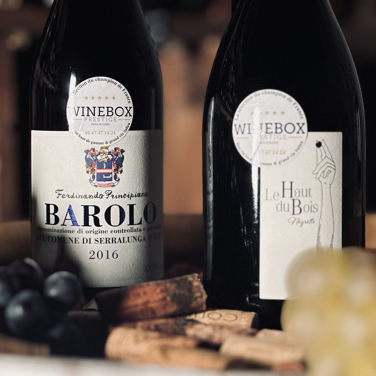 Un Barolo 2016 de Ferdinando Principiano et Le Haut du Bois, entre des grappes et des bouchons